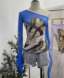 Fongt One-Shoulder Horn Long-Sleeved Mesh Yarn-Print T-Shirt With Short Tight Top 9915