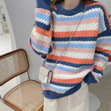 New 2022 Knitted Striped Warm Fashionable Oversized Wild Vintage Women Autumn Winter Sweaters Pullovers Tops