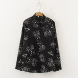 Women Vintage Bear Print Chiffon Blouse Full Sleeve Button Up Turn Down Collar White Shirt Casual Office Lady Autumn Tops