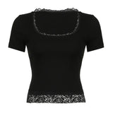 Black Lace Stitched Crop Top Women Casual Short Sleeve Square Collar Slim T-shirts Summer Harajuku Solid Tees y2k Vintage-Outfit