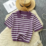 Fongt Knitted Women 2025 Summer South Korea Ins New Trendy Sleek Striped T-Shirt Women's Tops