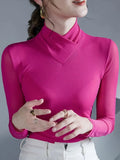 Women's Long Sleeve Elegant Half Turtleneck Tshirt Girls Soft Stretchy Mesh T-shirts Tops for Female 2023 Autumn Winter-Outfit