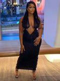 Stripe Sexy Y2K Clothes Sleeveless Backless Lace Up Halter Bodycon Maxi Dresses For Women Club Birthday Party