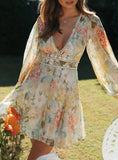 Print Tulle Dress Robe for Autumn Winter Flower Elegant Chic Women Dresses A-line Mini Party Dress Boho Beach