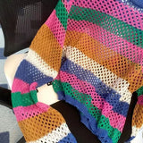 Women's Clothing Rainbow Striped Pullovers Casual Round Neck 2023 Spring Summer Korean Loose Fashion Hollow Out Knitted T-shirt-Outfit