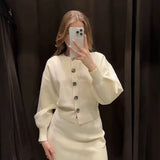 Fongt Women's Clothing 2025 Spring New Flower Button Decoration Knitted Shirt Skirt Set