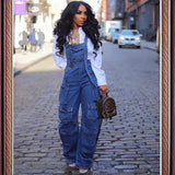 Fongt Women's Loose-Fitting Denim Slings Women's Spring Street Fashion Multi-Pocket Jumpsuits