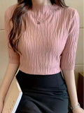 Spring Summer Korean Fashion Solid Sweater Women Short Sleeve Tops Pull Femme Casual Slim Female Pullover Knitted Clothes-Outfit