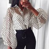 Street Style Shirt Blouse Women See Through Sheer Mesh Lapel Shirt Tops Lantern Sleeve Polka Dots Button Down
