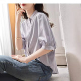 Fongt Summer New Five-Sleeve Casual Temperament Striped Shirt Women Short Sleeve Loose Thin Round Collar Shirt