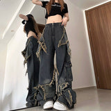 Stylish Patch Designs Jeans Spring Autumn Loose Wide Leg Women's Clothing High Street Hip Hop Pockets Zipper Trousers-Outfit