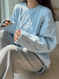 Crew Neck Cable Knit Pullover Sweater-Outfit