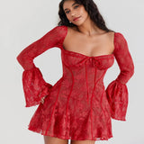 Fongt New Women's Clothing Temperament Fashion Lace Trumpet Long Sleeve Strap A Swing Dress Woman