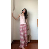 Fongt And Languid Temperament Short-Sleeved Top High Waist With Loose Pink Striped Broad Leg Trousers Set