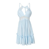 Brand New Women Party Lace Flower Backless Mini Dress Summer Sexy Sling Spaghetti straps Deep V Neck Wedding Club