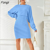 2021 Autumn Winter Women Knit Tracksuit Solid 2 Piece Sets Pullover Sweater And Knitted Dress Winter Warm