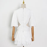 TWOTWINSTYLE White Sexy Dress For Women V Neck Lantern Half Sleeve Hollow Out High Waist Mini Dresses Female Summer New