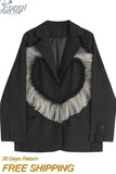 Women's Blazer Jacket Black Solid Color 2023 Autumn Heart-shaped Intarsia Pattern Long Sleeve Single Button Korean Fashion