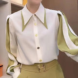 Solid Color Patchwork Shirt Stylish Lantern Sleeve Spring Autumn Single-breasted Female Clothing Turn-down Collar Blouse-Outfit