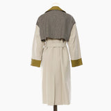 Fongt New British Wind Splicing Colliding Color Leather Lattice Long Wind Coat Coat Women 1598