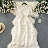 Fongt Spring Dress 2025 New Women's Spring And Autumn Heavy Industry Water-Soluble Lace Lace-In-Air Mid-Change Dress Vacation Dress