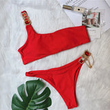Fongt New Swimsuit Luxury Crystal Diamond Chain Female Split Swimsuit Plain Color One Shoulder Sexy