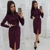 Vintage Front Button Sashes A-line Dress Long Sleeve Turn Down Collar Solid Elegant Dress 2020 Autumn Fashion Women