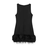 Fongt Sense A Dress 2025 Autumn New Standing Collar Sleeveless Solid Color Feathers Spliced Dress Dress Woman