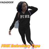 Casual Tracksuits Women Solid Two Piece Set Women Plus Size Pink Letter Embroidery Zipper Hoody Coat + Pants Sets