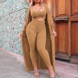 Women's autumn and winter fashion solid color sexy suspenders long coat trousers plush suit women's three-piece set Vestidos-Outfit