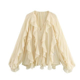 Fongt 2025 Women's New Fashion Butterfly Tacked With Overlays Decoration French Lantern Sleeve Long Sleeve Shirts