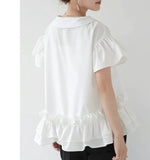 Style Patchwork Ruffles Beads Shirts & Blouses 2024 Woman Blusas Short Sleeve Camisas V-neck Ropa Mujer Summer Tops-Outfit