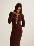Fongt New Women's Dress French Retro Solid Color V-Neck Long-Sleeved Bag Hip Knitted Dress