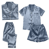 Women's Blue Pajamas Sets Silk Satin Top Pant Long sleeve Solid Button-Down Pyjamas Satin Set Nightgown Ladies Sleepwear-Outfit