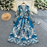 Fongt Retro Design Cross V-Neck Yarn Lantern Sleeve Strap To The Belt Print Big Swing Ponve Dress