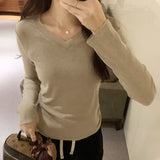 Style Ins Solid Color V-Collar Long-Sleeved Bottomed T-Shirt For Women In Autumn And