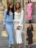 Fongt V-Neck Loaf Side Long Sleeve Open Shirt Bag Hip Fishtail Long Dress Elastic Knitted Two-Piece Suit Woman