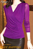 Mujer De Moda 2023 Autumn V Neck Solid Mesh Sequin Blouse Women Bottoming Shirt Long Sleeve Ladies Tops Womens