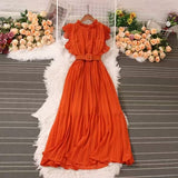 Fongt Sense Of Light Luxury Temperament Flying Sleeve Round Recipient Waist Thin A Word 100-Fold Dress Elegant Swing Long Skirt