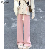 Winter New Cashmere Thickened Wide Leg Pants Women High Waist Chic Straight Long Pants Woman Apricot Pink Trousers