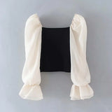 Women elegant organza puff sleeve patchwork knitted casual smock blouse ladies chic square collar feminina shirt tops