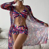 Fongt New Women's Three-Piece Bikini Mesh Gauze Blouse Gradient Print Lace Fashion Anti-Sai