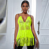 Women New Solid Tassel Sexy Two Piece Set Rhinestone V Neck Sleeveless Halter Backless Top Camis Hollow Out Party Mini