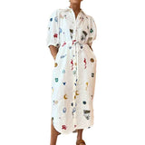 Fongt Women's New Printed Collar Long Collection Belt With Shirt Dress 661