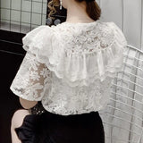Embroidery Lace Chiffon Blouse Women 2023 Fashion Beading Shirt Tops Ruffles Korean Floral Peter Pan Collar Clothes