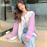 Women Autumn Simple Fashion New Patchwork Sweet Clothes Design Knitted Coat Streetwear Elegant Ins Kpop Ulzzang