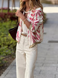 Fongt New Casual Fashion Slimming Plant Print Polo Collar Women Zipper New Coat Top