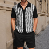 Fongt Men's Casual Jacket Knitted T-Shirt Set Cardigan Knitted Short-Sleeved Shorts Two-Piece Set