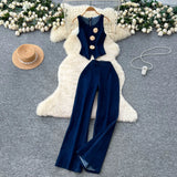 Fongt Temperament Design Sense Metal Buckle Round-Neck Sleeveless Vest + High-Waist Broad-Legged Trousers Denim Set Of Women