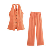 Fongt Fragrant Cotton Lint Neck Vest Set Of Women's Summer With Light Luxury High-End Trousers Two Sets